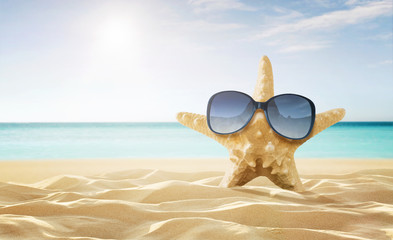 Fototapeta na wymiar Summer background. Happy starfish enjoy the sun at the empty tropical beach with copy space