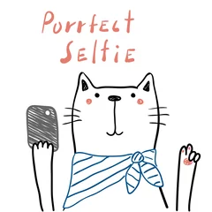 Sierkussen Hand drawn portrait of a cute funny cat in a scarf with a smart phone, taking selfie. Isolated objects on white background. Line drawing. Vector illustration. Design concept for children print. © Maria Skrigan
