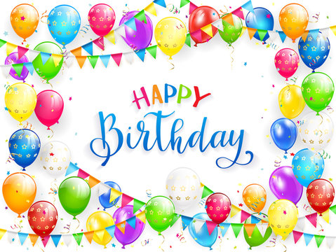 Blue text Happy Birthday with balloons and multicolored confetti on white background