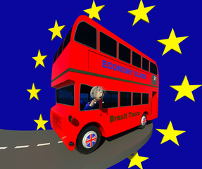 UK leaving EU 3D illustration. Red double decker bus taking sharp turn, EU flag background, cartoon fictional character, mad driver. Collection.