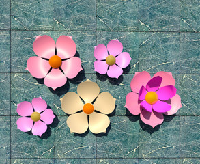 Colorful spring flowers on blue marble tiles background 3D illustration. Seasonal, three dimensional, decorative. Collection.