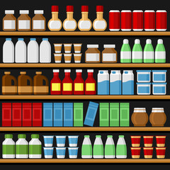 Supermarket. Shelfs Shelves with Products and Drinks. Vector