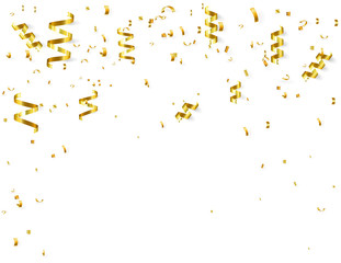 gold ribbons and confetti on white background