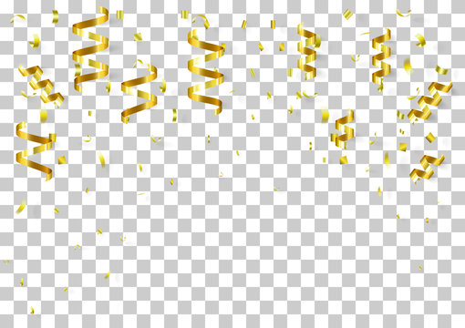 gold ribbons and drop confetti on transparency backgroud 