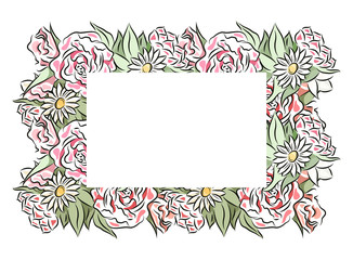 Fototapeta premium Delicate frame of hand drawn roses and chamomiles with a place under the text. Vector template for invitations, cards, letters and your design.