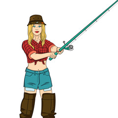 Woman fisher on the river, girl fisherman. Object on white background vector illustration. Color background.