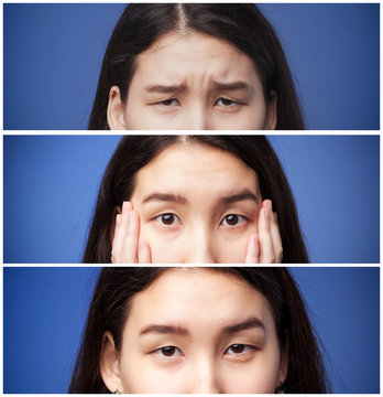 Set Of Photos Of Asian Girl Eyes And Eyebrows With Different Emotions.