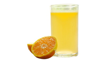 orange juice in glass and tangerine cutting isolated on white background