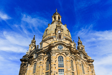 Fototapeta na wymiar Dresden Frauenkirche (Church of Our Lady) is Lutheran Church of Saxony, Dresden, Germany. Baroque building, Protestant architecture, dome 