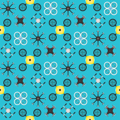 Vector illustration aerial vehicle drone seamless pattern background quadcopter surveillance air hovering wireless tool remote control fly camera. © Vectorwonderland