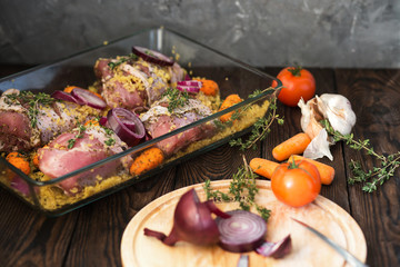 Food preparation. Baked Turkey with bulgur about vegetables. Onions, carrots. Cook food.