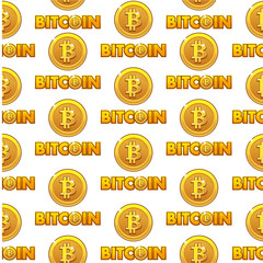 Logo Bitcoin illustration seamless pattern background golden coins isolated with bitcoin sign. Cryptocurrency electronic