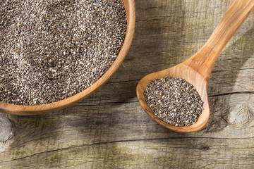 Chia seeds in wooden bowl and spoon