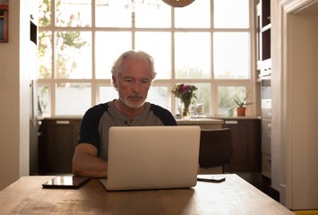Senior man using laptop in kitchen