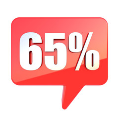 65 percent off sign on glossy red rectangle bubble isolated on white background