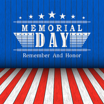 Vector Memorial Day background with stars and lettering on blue, red and white wooden background . Template for Memorial Day.