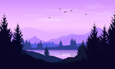Photo sur Plexiglas Violet Paysage de dessin animé de vecteur avec des silhouettes violettes d& 39 arbres, de montagnes et de lac
