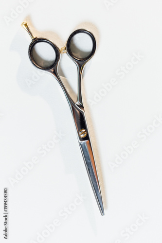 Professional Hair Stylist Scissors On White Background Stock