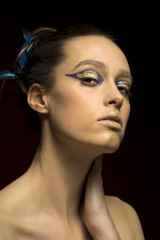 Portrait of a beautiful young girl with a chignon decorated with feathers and a gold and blue makeup