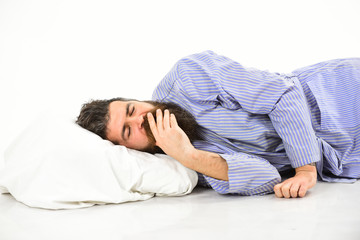 Man in bathrobe sleep, nap, rest, relax, white background.