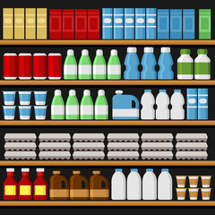 Supermarket. Shelfs Shelves with Products and Drinks. Vector