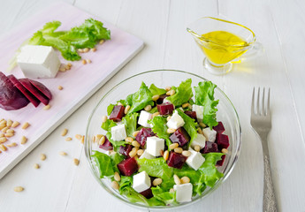 Salad Beetroot, Feta cheese and Lettuce leaves with Pine nuts