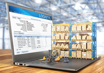 Logistic concept. Forklift with cardboard boxes on a notebook keyboard. 3d illustration