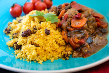 Kefta Tagine Moroccan Meatballs Served With Semolina and Vegetables