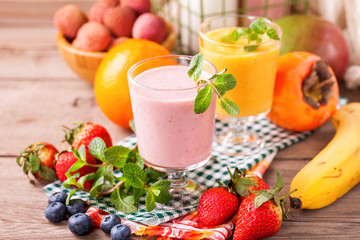 Blueberry smoothie   and fruits. Selective focus. Copy space. Top view