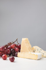 Brie, cheddar and blue cheese with grapes on gray