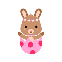 Cute cartoon bunny inside cracked easter egg. Vector.
