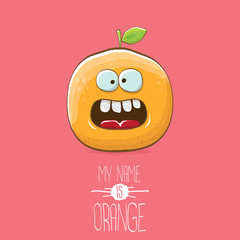 vector funny cartoon cute orange character isolated on pink background. My name is orange vector concept. super funky citrus fruit summer food character