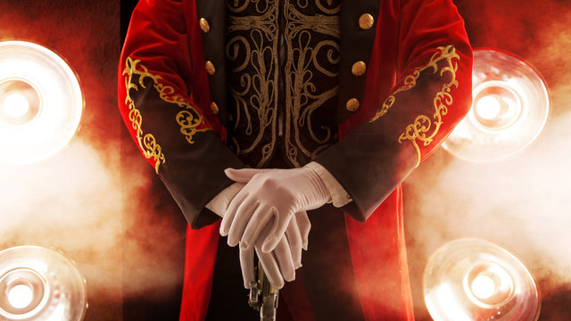 Showman. Pose, hands rest on stick. White gloves and beautiful sleeve of his coat