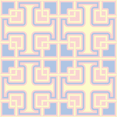 Geometric pink colored seamless pattern with blue and beige elements