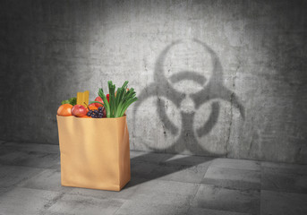 GMO concept. Danger food. Pack full of products cast shadow in form of biohazard sign. 3d illustration - obrazy, fototapety, plakaty