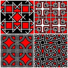 Seamless black white and red patterns. Classic geometric backgrounds
