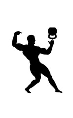 Fototapeta na wymiar Figure of a posing bodybuilder athlete showing his muscles and trick balance kettlebell. Vector illustration