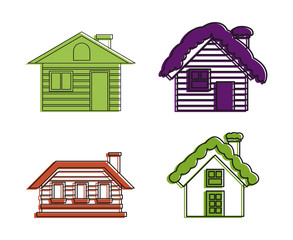 Wood house icon set, color outline style