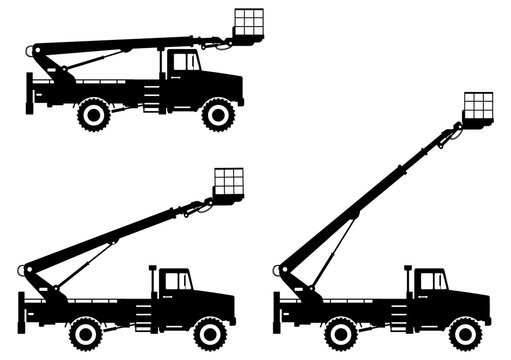 Silhouette of aerial platform truck with different boom position. Heavy construction machine. Building machinery. Special equipment. Vector illustration.
