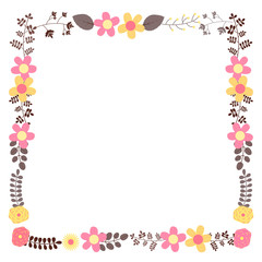 Square vector floral frame template for wedding invitations and greeting cards in pink, brown and yellow colors with copy space