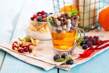 Citrus jelly with cereal. Selective focus. Copy space