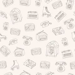 Hand drawn vector retro seamless pattern with antique tech, scooter, juke box, radio, typewriter, roller skates and vinyl record player outline on the beige background.