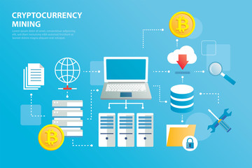 Cryptocurrency mining farm and blockchain. Modern infographic laptop connected to network.