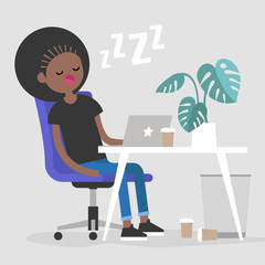 Young exhausted black female employee sleeping on a workplace. Nap. Office. Flat editable vector illustration, clip art