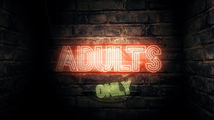 Adults Only neon sign on brick wall, conceptual 3d rendering animation for pornography, sex and adult content