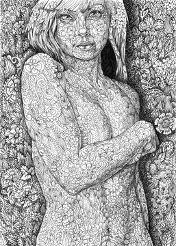 Surrealistic girl with a vegetable pattern in the style of dudling