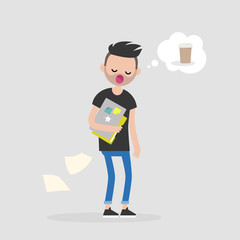 Young sleepy manager dreaming about coffee. Morning at the office. Daily life. Flat editable vector illustration, clip art