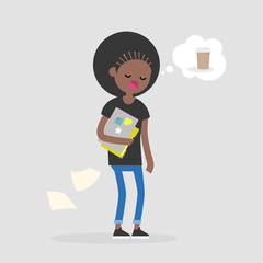 Young female black sleepy manager dreaming about coffee. Morning at the office. Daily life. Flat editable vector illustration, clip art