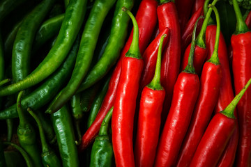 Red Chillies and Green Chillies Background,Selective focus.Thai chillies.Organic ingredient thai food.