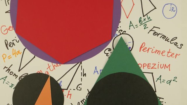 Inscribed various two-dimensional geometric shapes against the background of mathematical terms